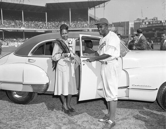 jackie and rachel robinson given a new cadillac by bill bojangles robinson at jackie robinson day trans getty