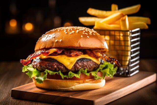 cheese,buerger,with,fries,on,a,wooden,plate,at,a
