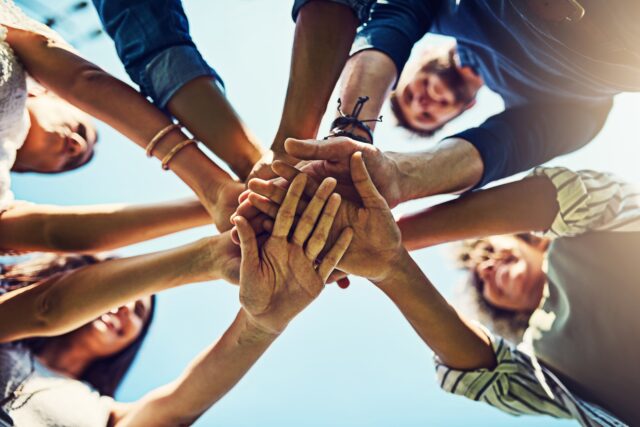 hands,,low,angle,and,pile,for,team,building,with,friends